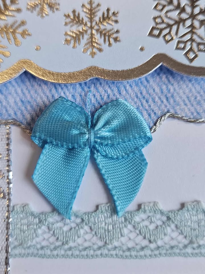 Blue & silver christmas card with ribbon & lace 10cm x 18cm
