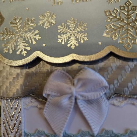 Sage green & silver christmas card with ribbon & lace 10cm x 18cm