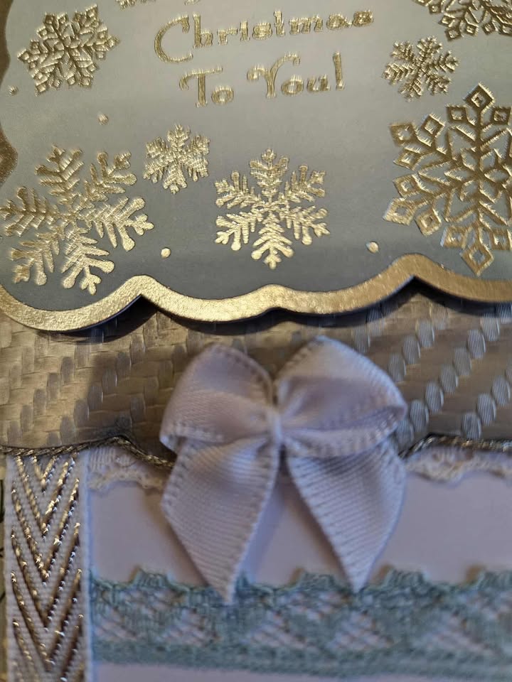 Sage green & silver christmas card with ribbon & lace 10cm x 18cm