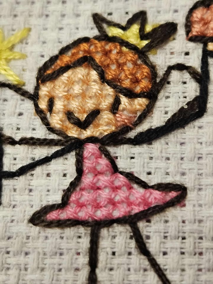 Pink & vintage nottingham lace cross stitch birthday cak fairy hand made birthday card 15cm x 15cm