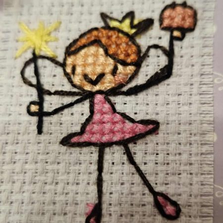 Pink & vintage nottingham lace cross stitch birthday cak fairy hand made birthday card 15cm x 15cm