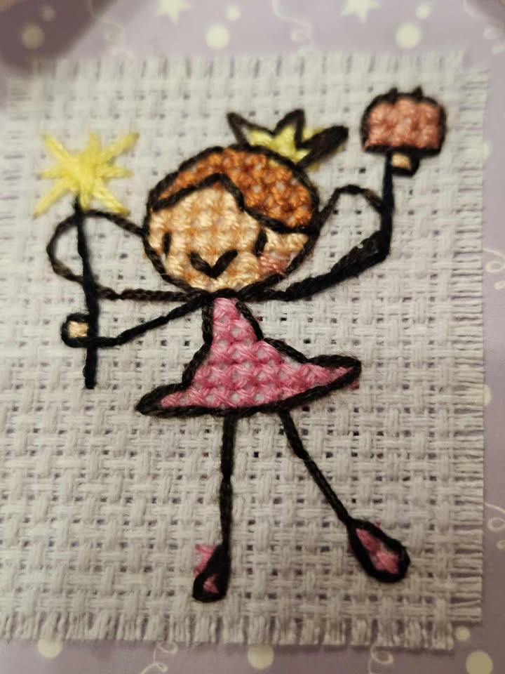 Pink & vintage nottingham lace cross stitch birthday cak fairy hand made birthday card 15cm x 15cm