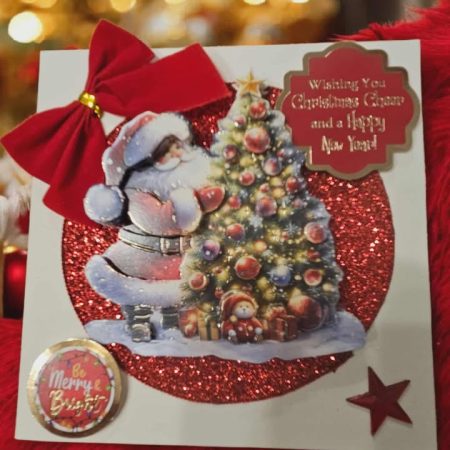 Red glittery santa & tree decoupage christmas card 12.5cm x 12.5cm