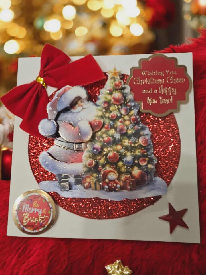 Red glittery santa & tree decoupage christmas card 12.5cm x 12.5cm