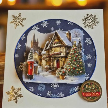 Blue & gold christmas village scene decoupage christmas card 12.5cm x 12.5cm