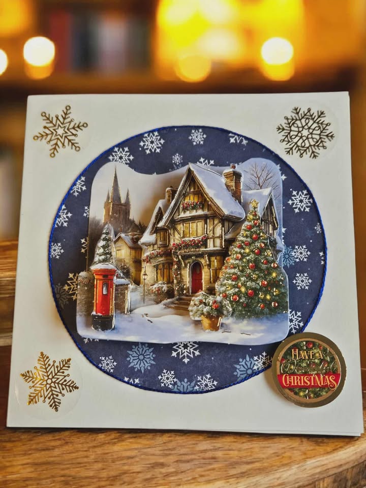 Blue & gold christmas village scene decoupage christmas card 12.5cm x 12.5cm