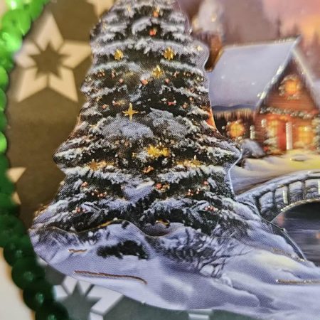 Gold foiled 3D decoupage christmas cottage card 12.5cm x 12.5cm