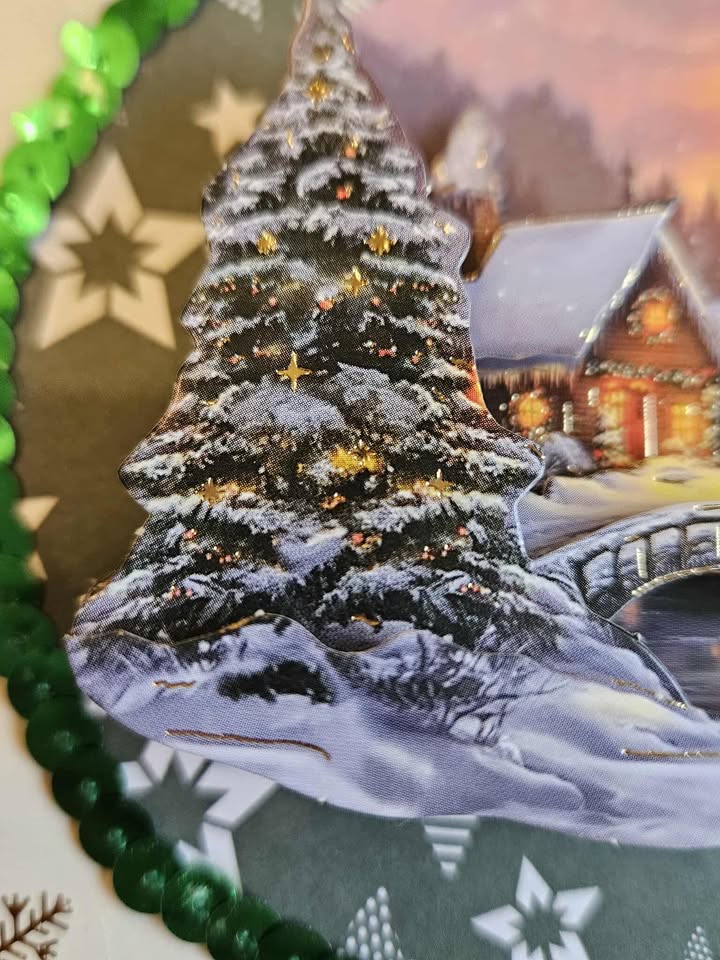 Gold foiled 3D decoupage christmas cottage card 12.5cm x 12.5cm