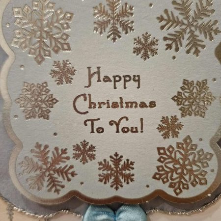 Blue & silver christmas card with ribbon & lace 10cm x 18cm