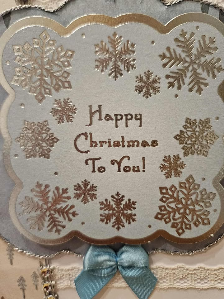Blue & silver christmas card with ribbon & lace 10cm x 18cm