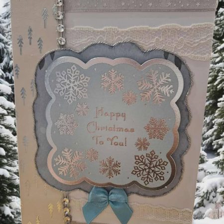 Blue & silver christmas card with ribbon & lace 10cm x 18cm
