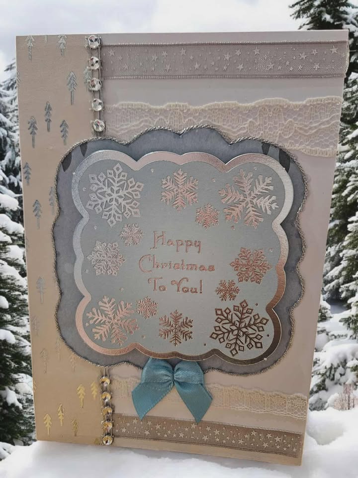 Blue & silver christmas card with ribbon & lace 10cm x 18cm