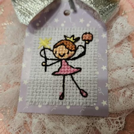 Pink & vintage nottingham lace cross stitch birthday cak fairy hand made birthday card 15cm x 15cm