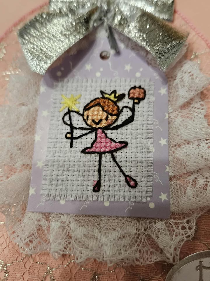 Pink & vintage nottingham lace cross stitch birthday cak fairy hand made birthday card 15cm x 15cm
