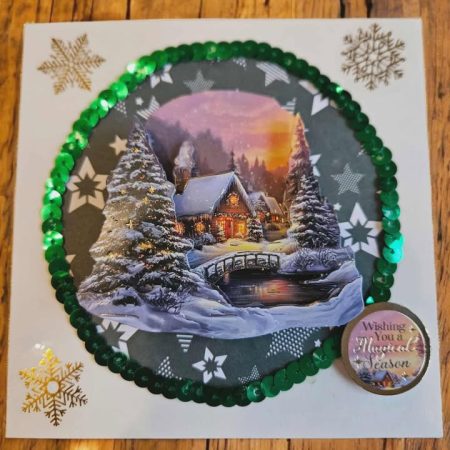 Gold foiled 3D decoupage christmas cottage card 12.5cm x 12.5cm
