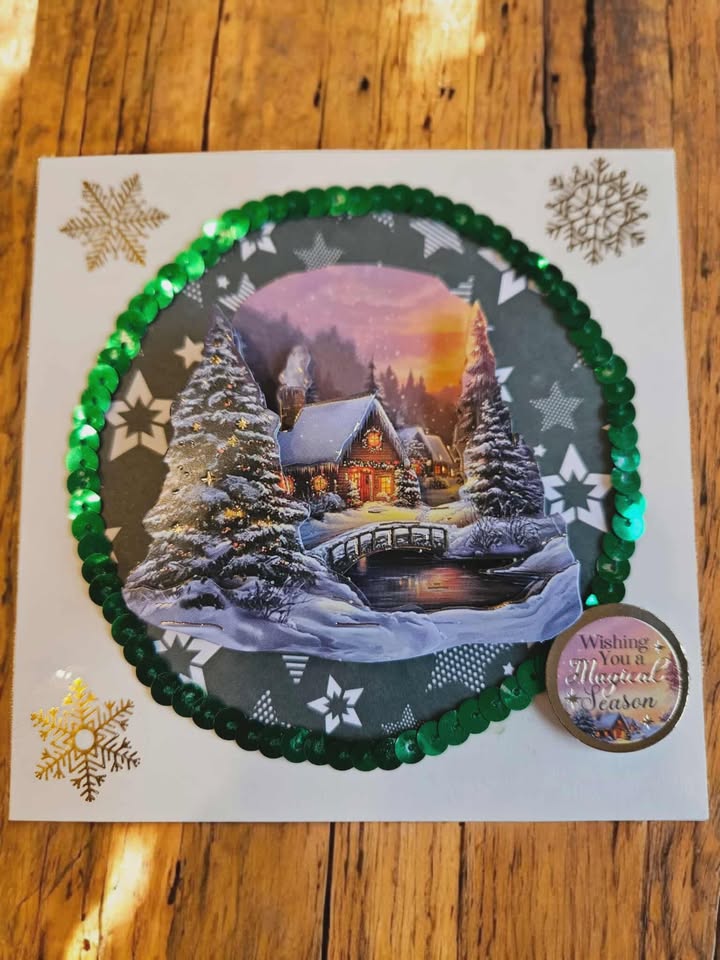 Gold foiled 3D decoupage christmas cottage card 12.5cm x 12.5cm