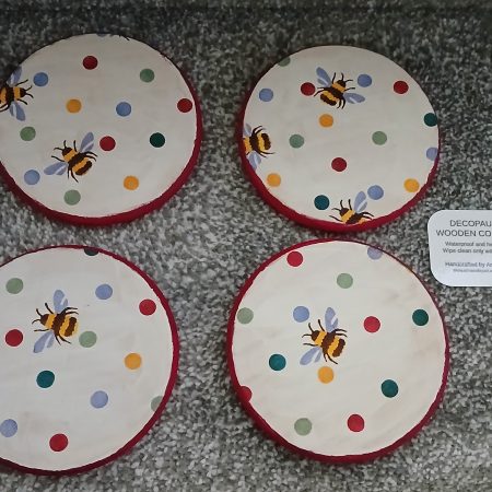 Polka Dot and Bumble Bee decoupaged wooden coasters set of 4
