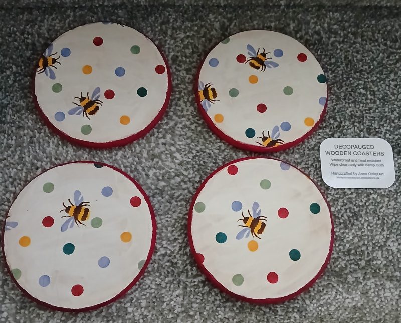 Polka Dot and Bumble Bee decoupaged wooden coasters set of 4