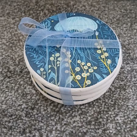 Jellyfish in blue decoupaged wooden coasters set of 4