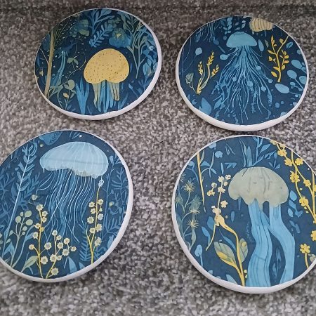 Jellyfish in blue decoupaged wooden coasters set of 4