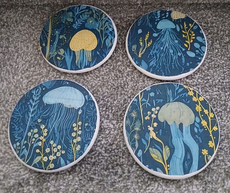 Jellyfish in blue decoupaged wooden coasters set of 4