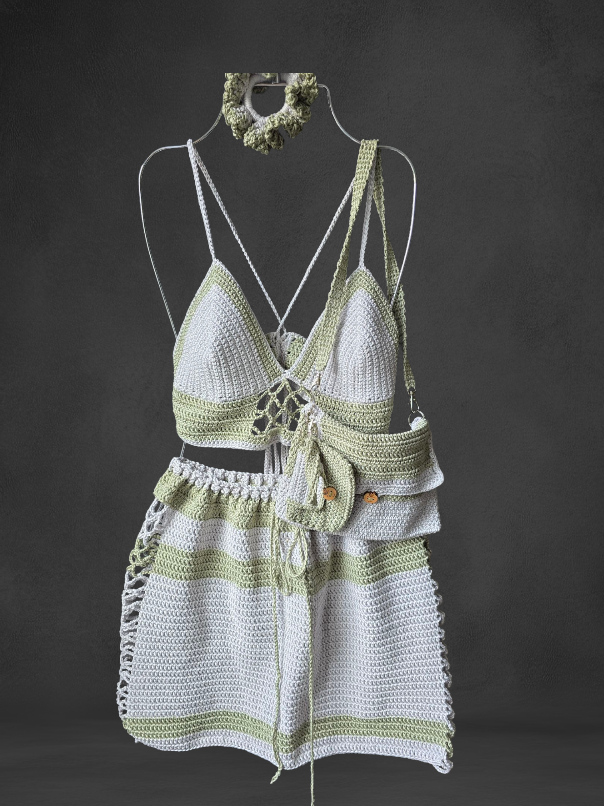 top skirt hair band ,dresses and small bag set