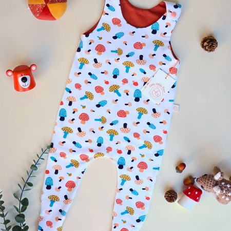 Handmade Footed Baby Romper | Colourful Mushrooms | Toadstools | Cotton Jersey Romper