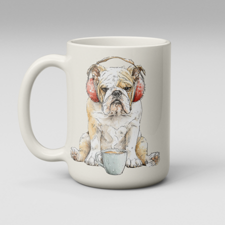 Grumpy English Bulldog with headphone mug