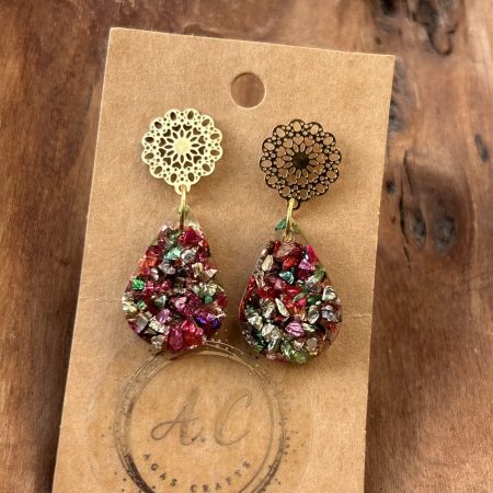 Dangle stud resin teardrop earring with colorful broken glass