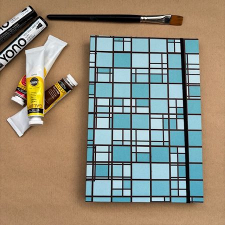 A5 Coptic stitch sketchbook | 48 pages | Blue squares | Elastic closure