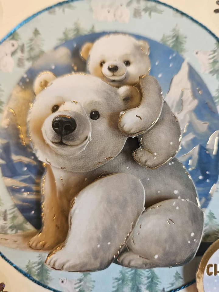 Blue & silver christmas polar bear scene decoupage christmas card 12.5cm x 12.5cm