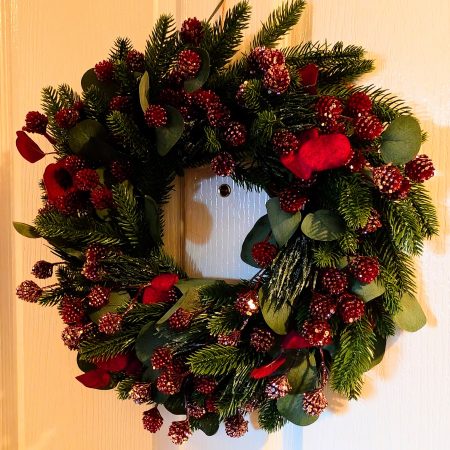 Dark Red Berries And Eucalyptus Faux Winter Foliage Wreath