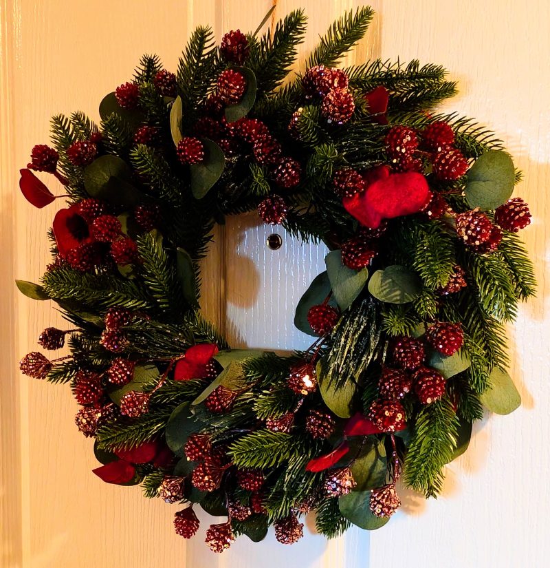 Dark Red Berries And Eucalyptus Faux Winter Foliage Wreath