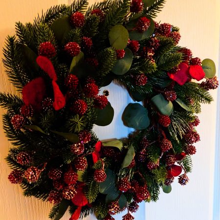 Dark Red Berries And Eucalyptus Faux Winter Foliage Wreath