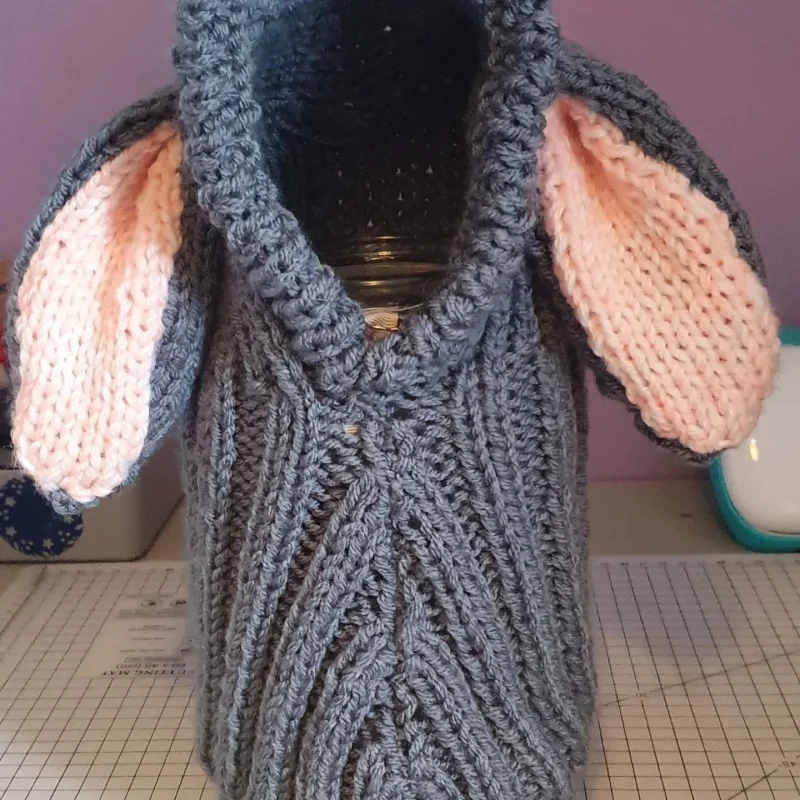 Handmade Knitted dog snood in rabbit design in a soft grey wool