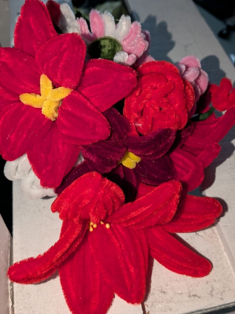 Red chenille Christmas poinsettia bouquet