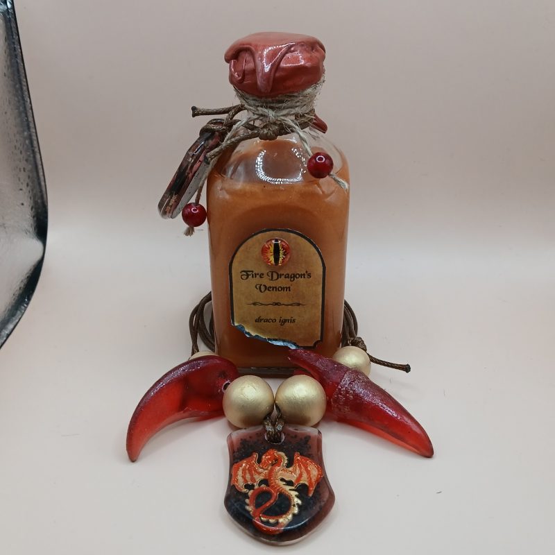 Arcane Artefacts - Fire Dragon's Venom | glimmer bottle | amulet, fang, claw | LARP / cosplay prop