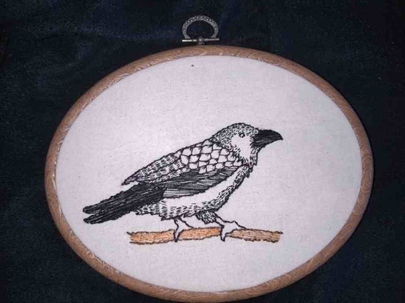 Raven/crow embroidery in frame