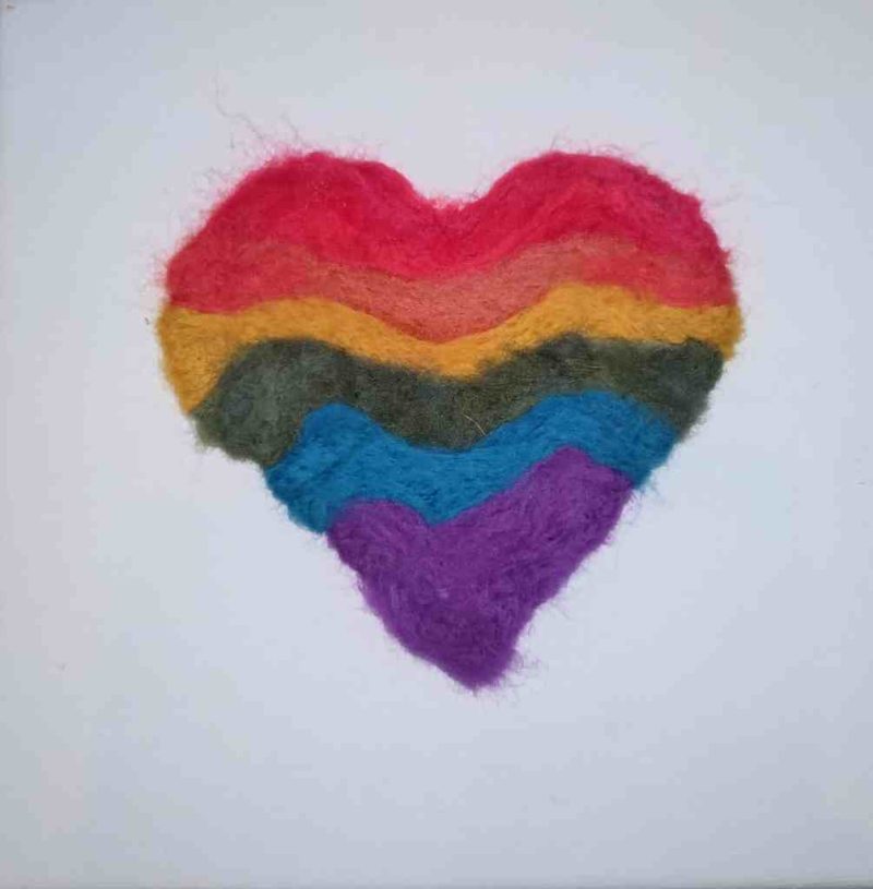 Rainbow felted heart picture on canvas