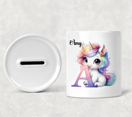 Personalised Unicorn Alphabet Money Box