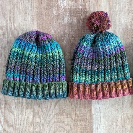 Cozy Knitted Winter Beanie - Green Palette or Green & Red with Fun Pompom