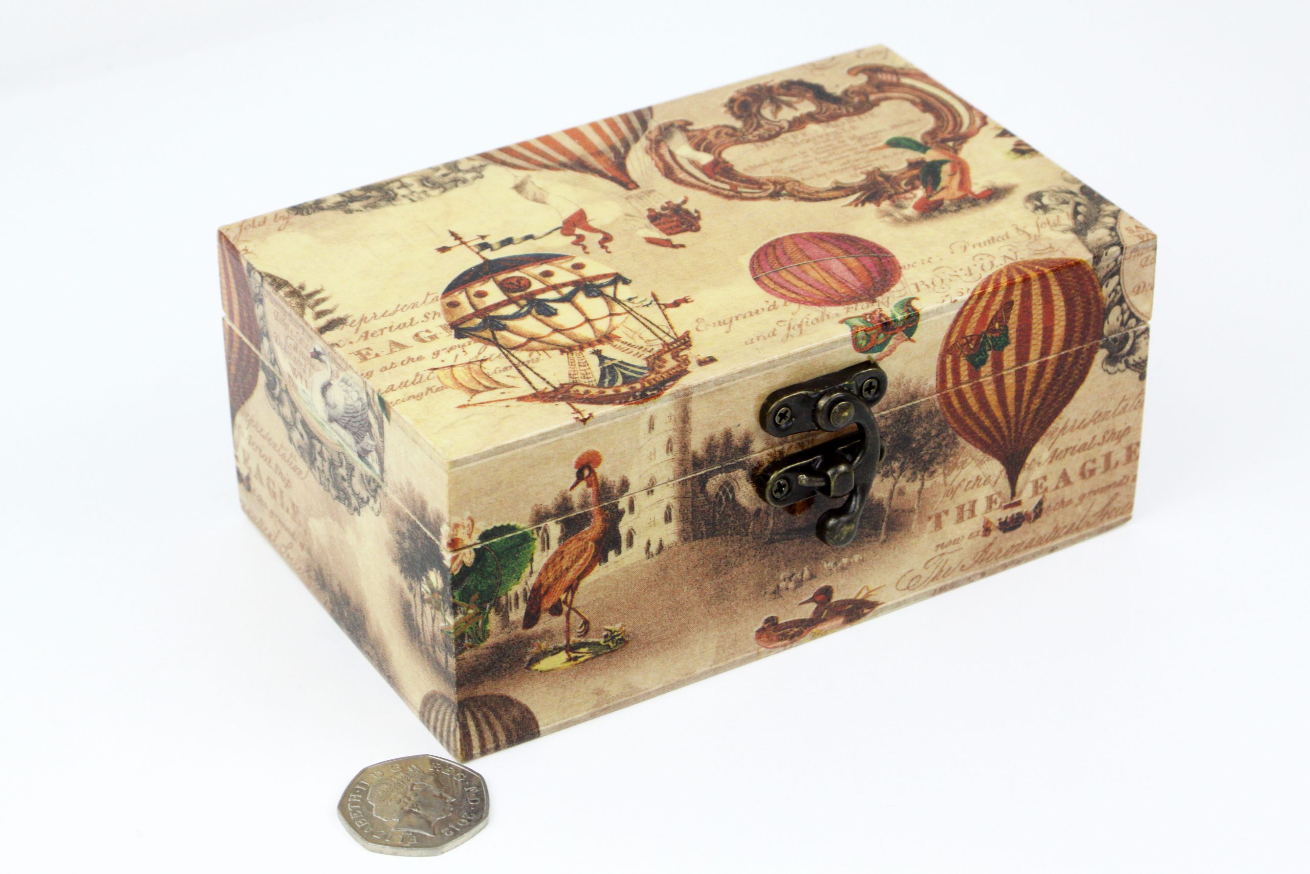 Wood handmade keepsake jewellery box Retro style Hot air balloon lined