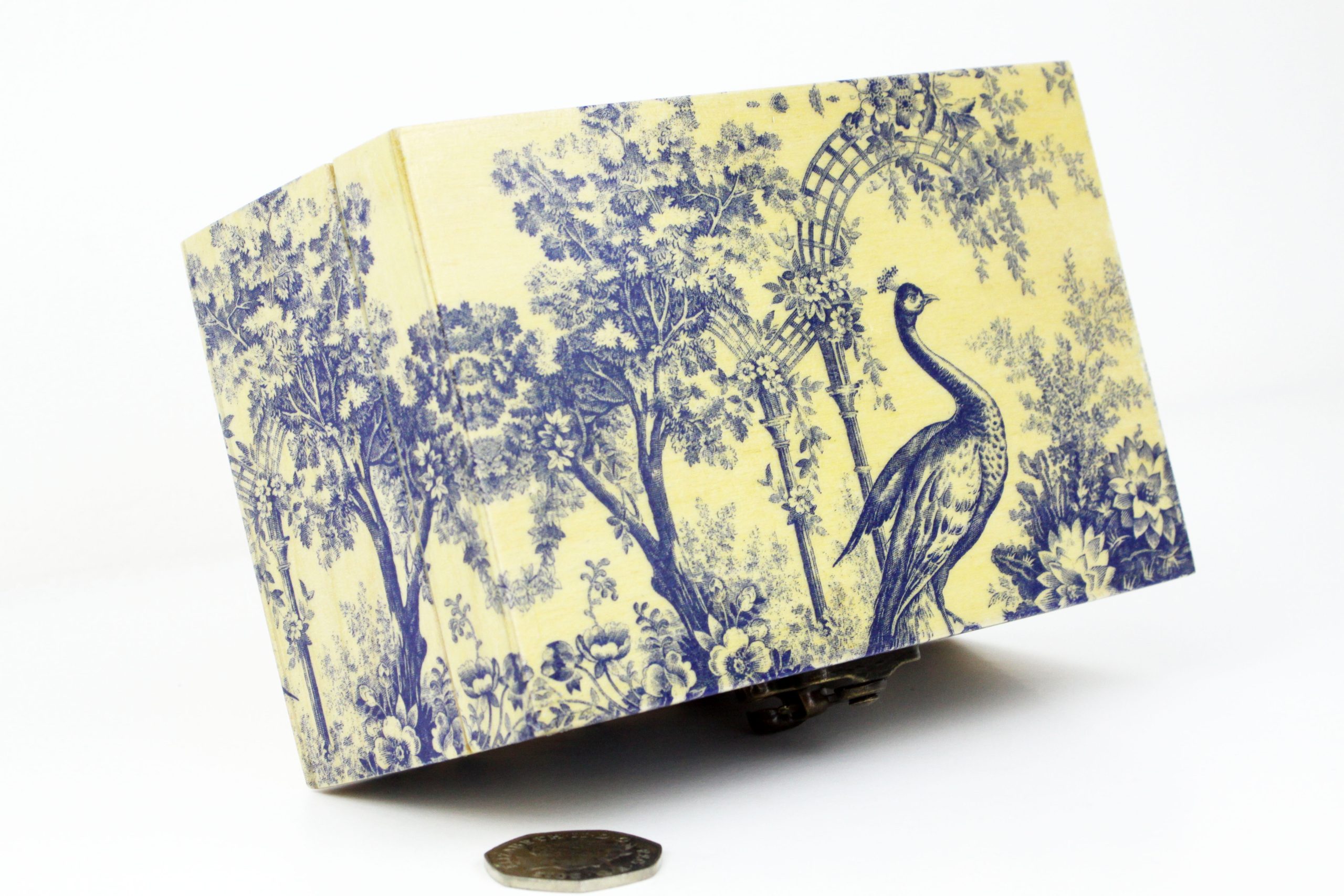 Wood handmade keepsake jewellery box Flowers, Tree, Peacock, Blue lined