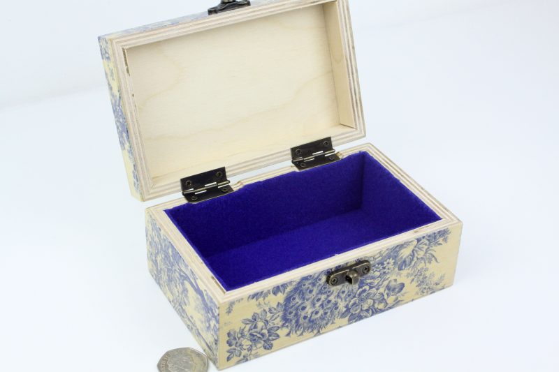Wood handmade keepsake jewellery box Flowers, Tree, Peacock, Blue lined
