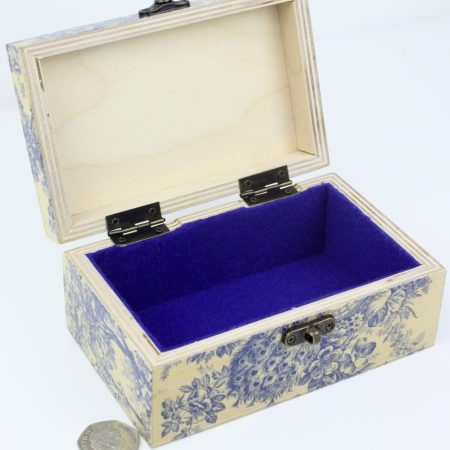 Wood handmade keepsake jewellery box Flowers, Tree, Peacock, Blue lined