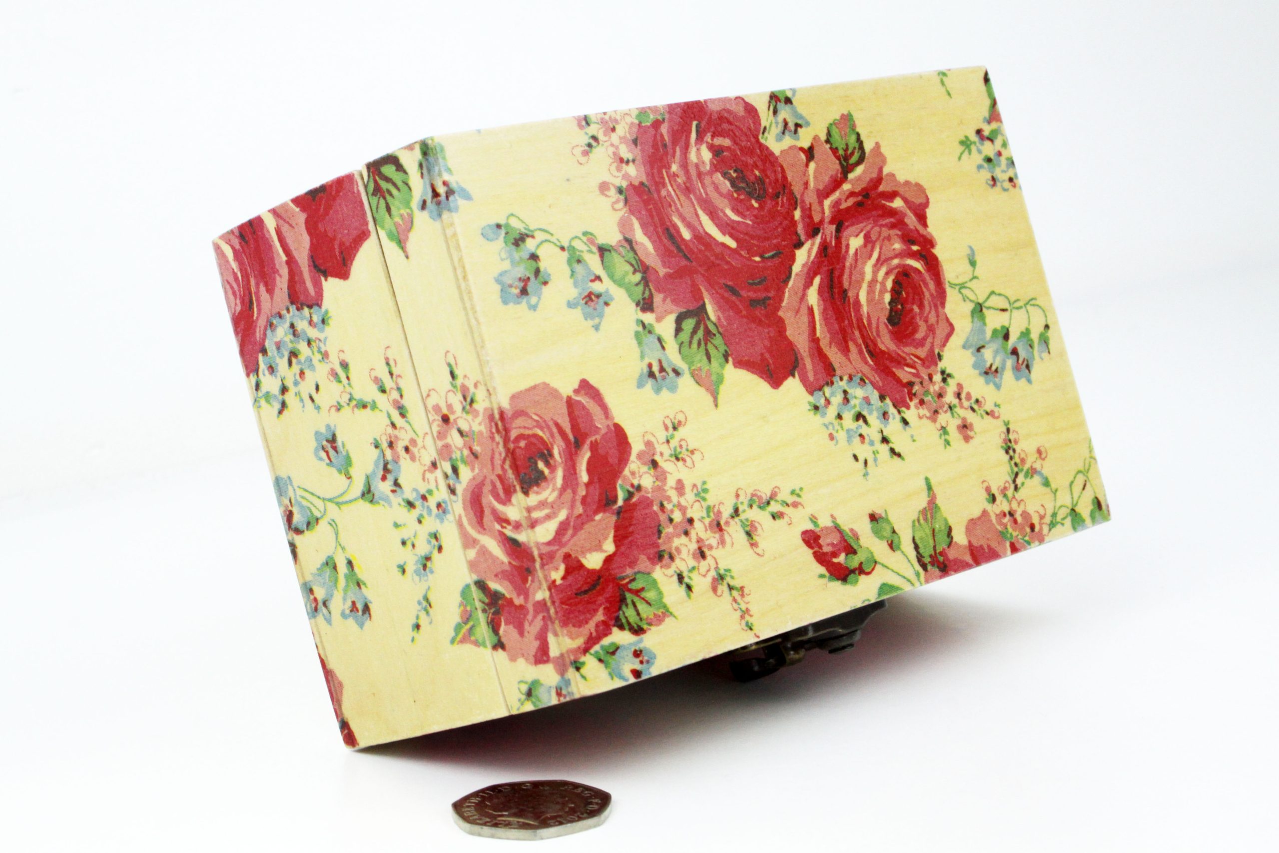 Wood handmade keepsake jewellery, memories, card box Flowers, Roses design red lined