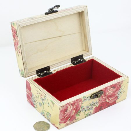 Wood handmade keepsake jewellery, memories, card box Flowers, Roses design red lined