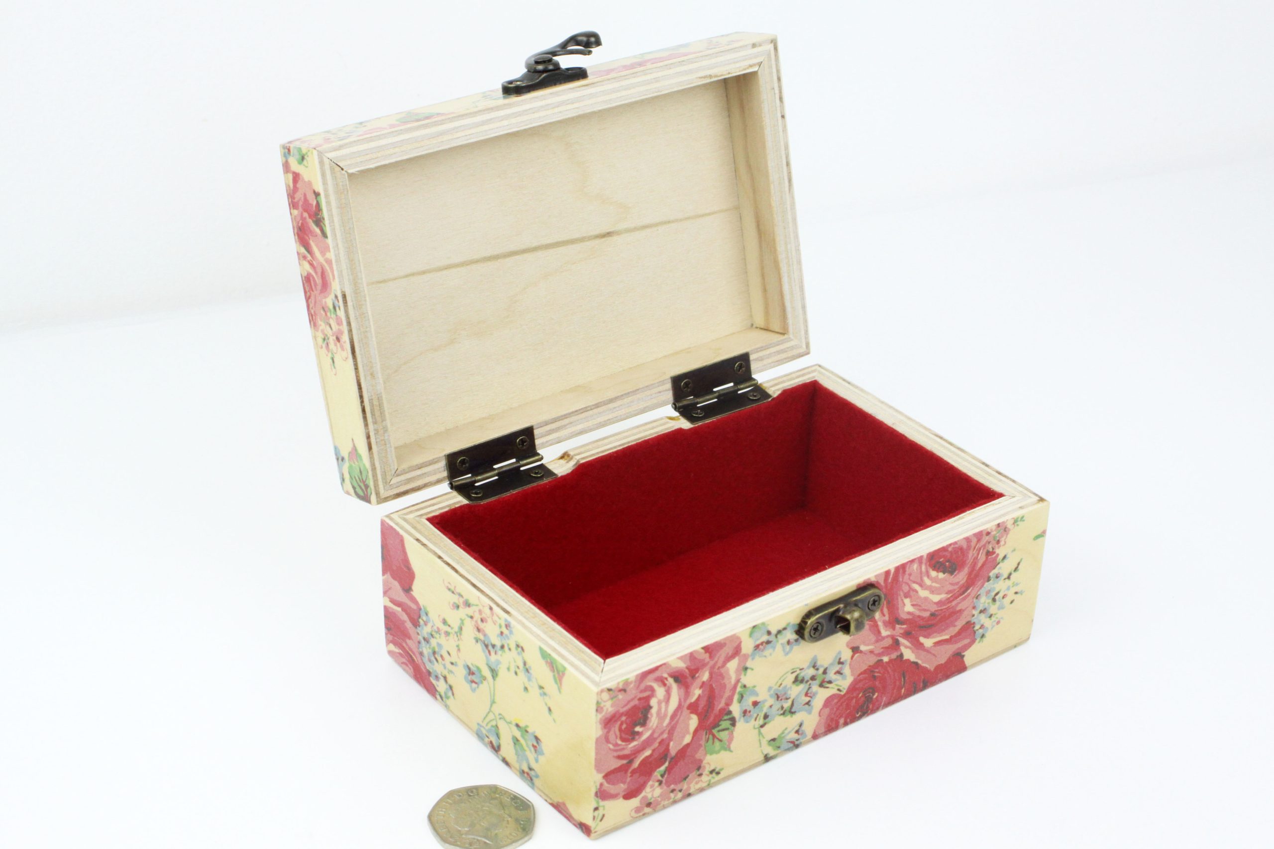 Wood handmade keepsake jewellery, memories, card box Flowers, Roses design red lined
