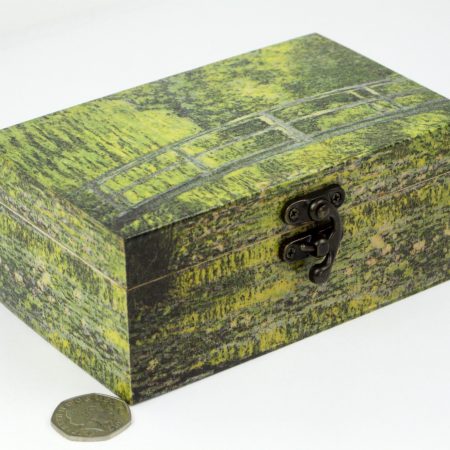 Wood handmade keepsake jewellery, memories, card box, Claude Monet style Bridge, Forest, Green lined