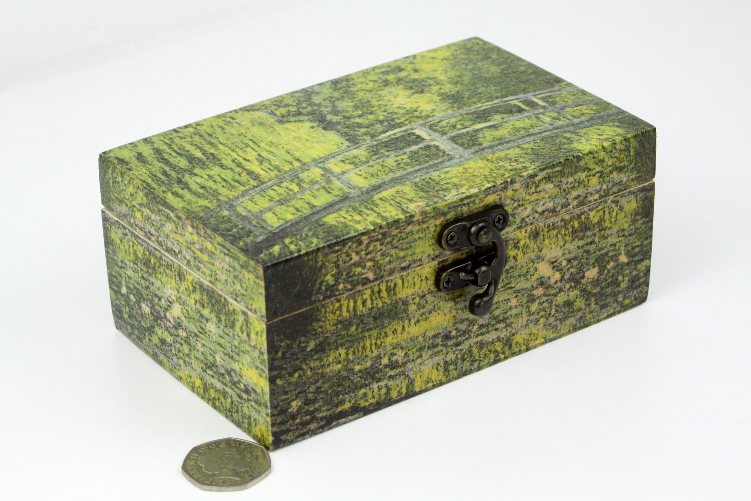 Wood handmade keepsake jewellery, memories, card box, Claude Monet style Bridge, Forest, Green lined